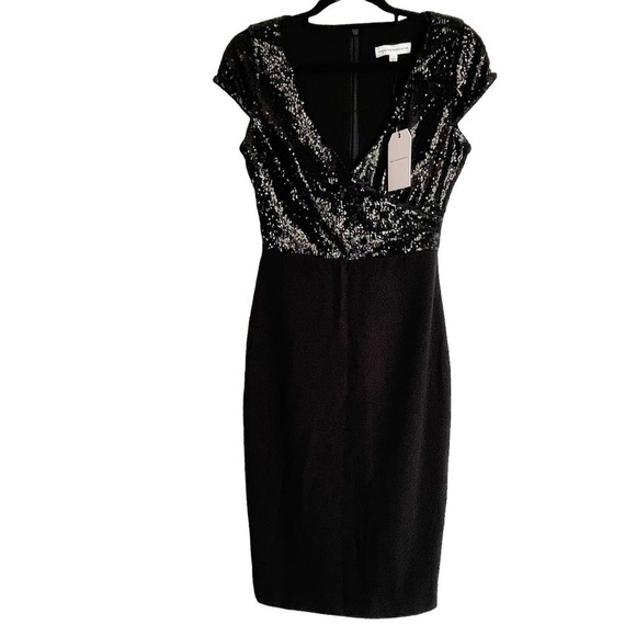 Dress The Population Black Sequin Jaleah Surplice Cap Sleeve Sheath Dress Size S - Picture 6 of 10